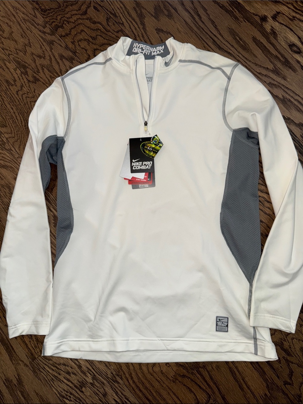 Nike White & Gray Pro Combat Dri-FIT Quarter Zip Shirt. !